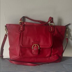 Red Leather Shoulder Tote Bag with Front Buckle